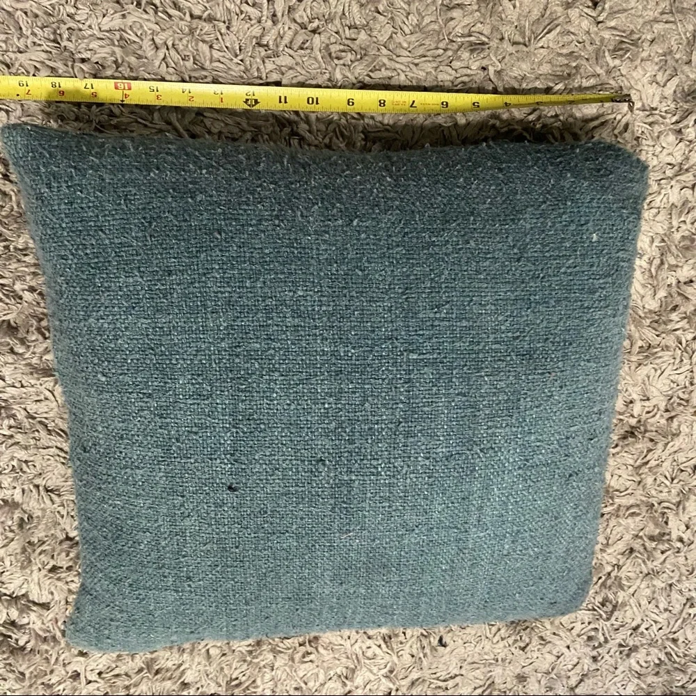 West Elm feather stuffed blue tweed pillow with wooden buttons